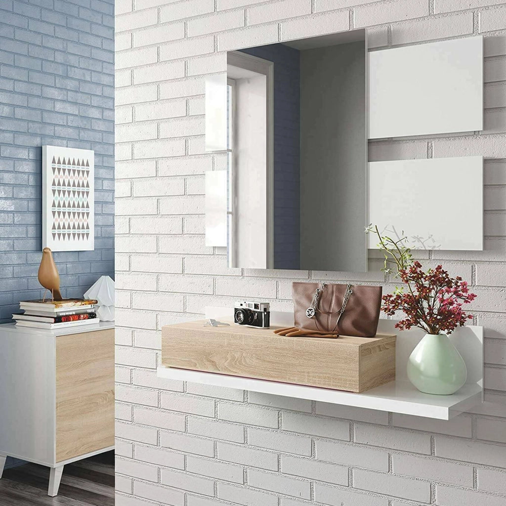 Mobile da ingresso Anro, Entratina sospesa con specchio, Mobile con cassetto per entrata, cm 75x29h90, Bianco lucido e Noce