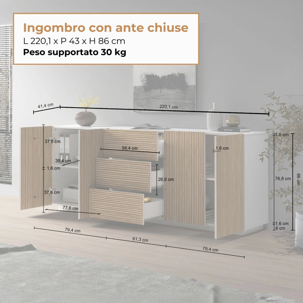 WHOUS Credenza Coste a 4 ante e 3 cassetti bianco opaco e legno chiaro 220,1x43x86 cm