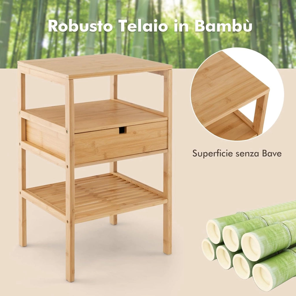 Comodino Tavolino con Cassetto e 3 Ripiani, Comodino Camera da Letto in Bambù, Comodino Salvaspazio Classico, per Soggiorno, Ufficio e Bagno, 40 x 40 x 68 cm (1)