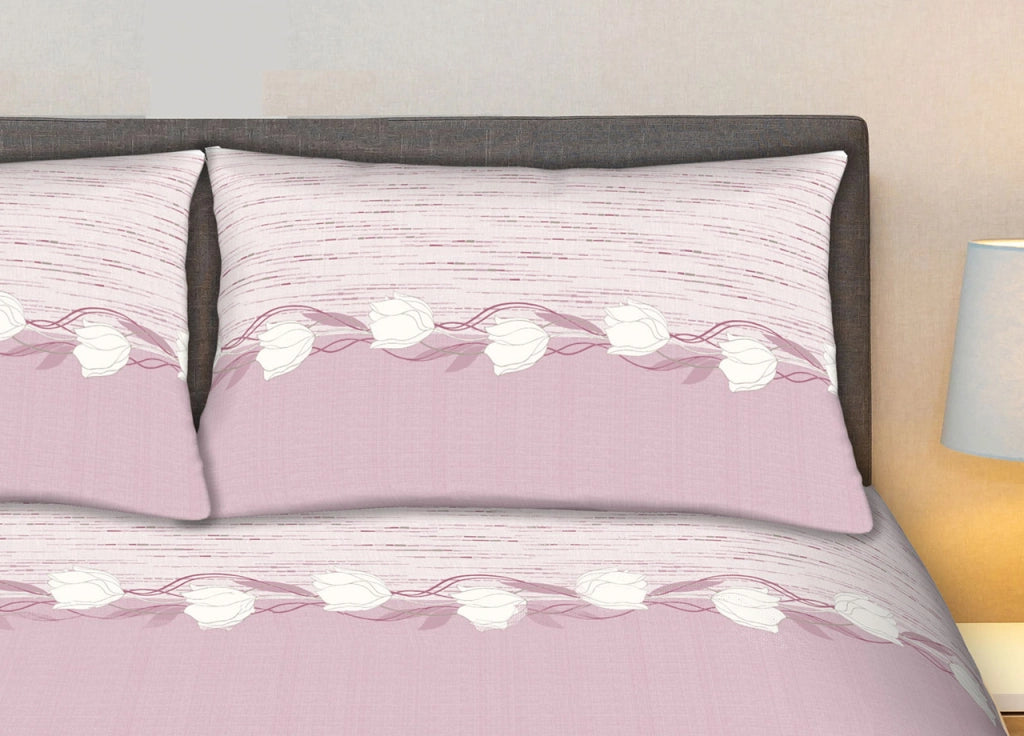 Completo Lenzuola Stiro Facile 100% Cotone Made Italy Effetto Seta Disegno Tulip - Matrimoniale - Lilla