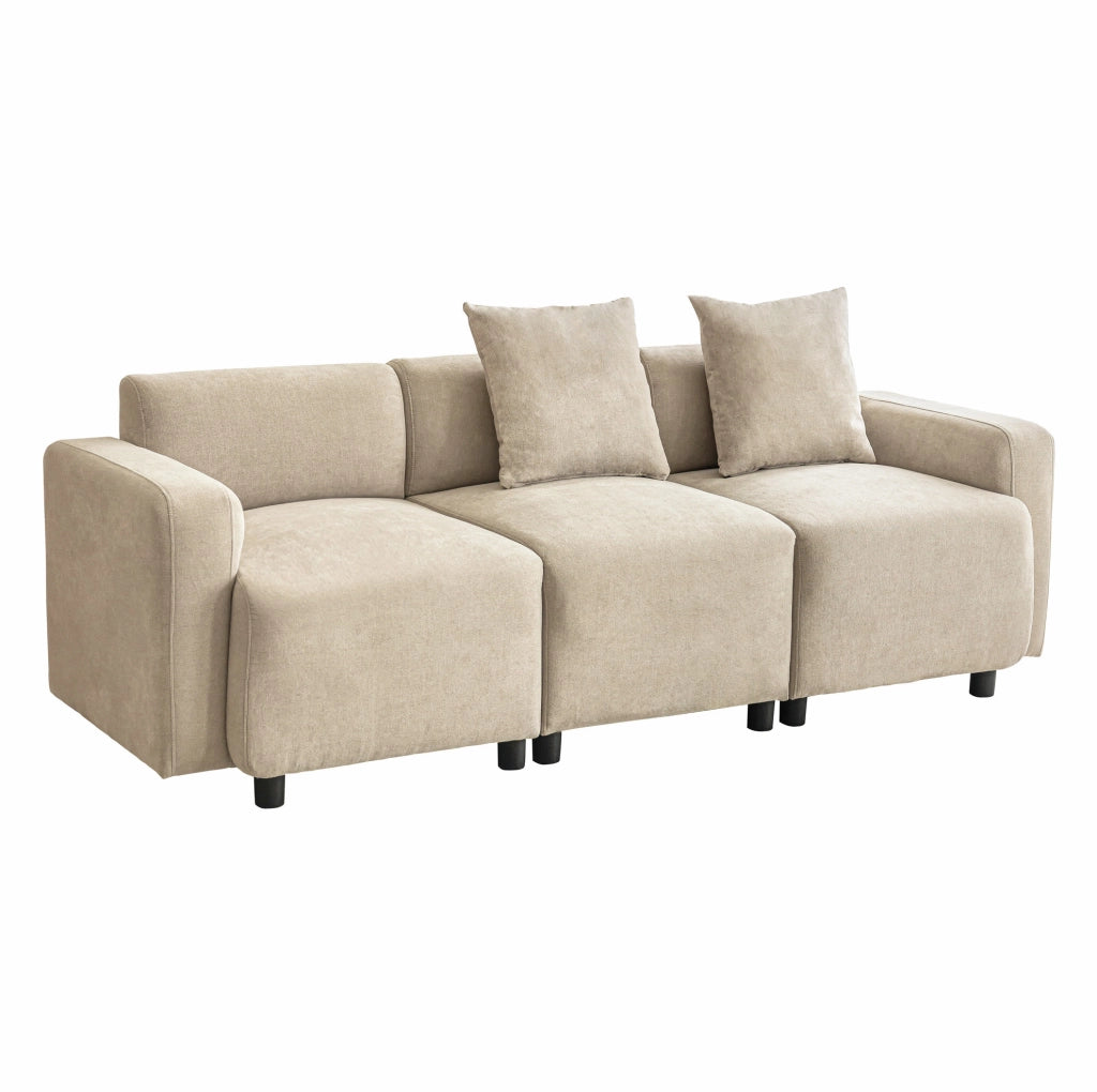 Divano 3 posti 211x67x71 cm in ciniglia beige con 2 cuscini HOMVRA