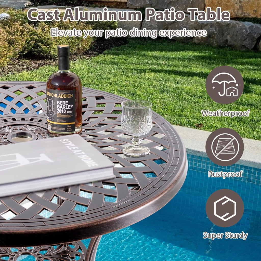 Tavolo da giardino rotondo con foro per ombrellone, tavolo da balcone con ripiano inferiore e piedini regolabili, tavolo da bistrot con alluminio pressofuso, tavolo da pranzo per balcone