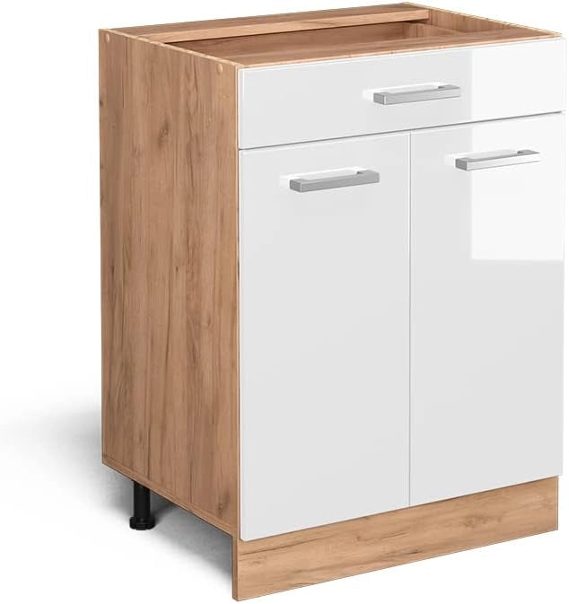 Mobiletto base per cucina R-Line, Bianco lucido, 60 cm con cassetto, senza piano di lavoro, per la libera combinazione all'interno di sistemi cucina modulari