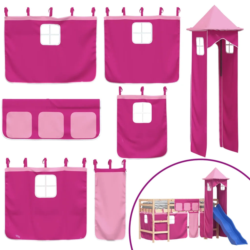 Letto a Soppalco con Torre Bambini Rosa 90x200cm Massello Pino 3207074