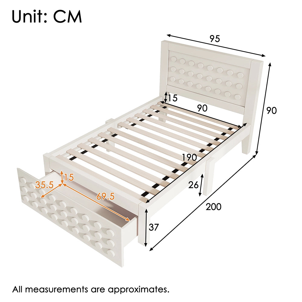 Letto bambino-Xylo-90x190 cm-design a blocchi, cassetti, contenitore, bianco, senza materasso