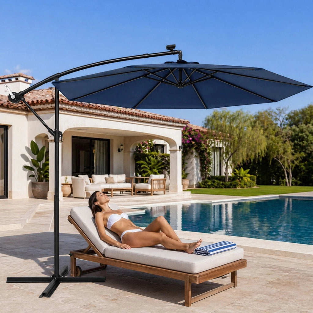 Ombrellone Decentrato Con Braccio Laterale Apertura A Manovella Telo Impermeabile UV30+ Camino Ventilazione Da Esterno 3 x 3 x 2.5 M Blu Navy