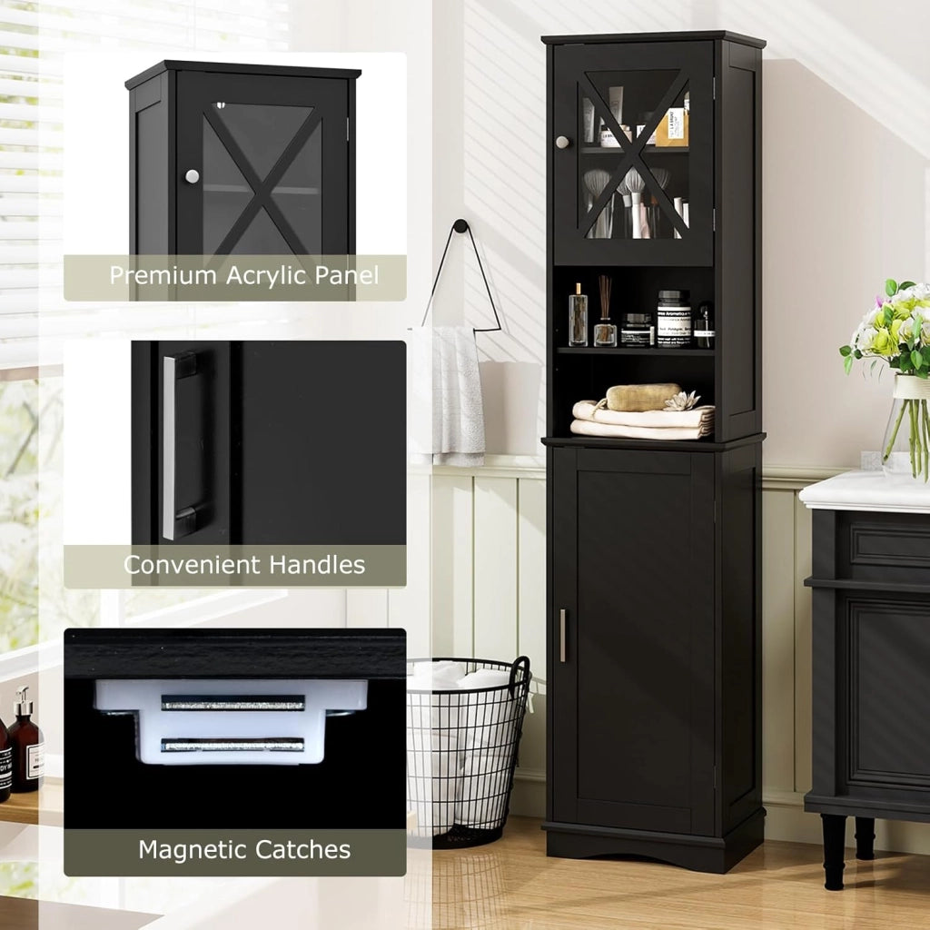 Armadietto da bagno sottile con 2 ante, ripiano regolabile e 2 scomparti aperti, mobile alto per bagno e soggiorno (nero, 40 x 30 x 170,5 cm)