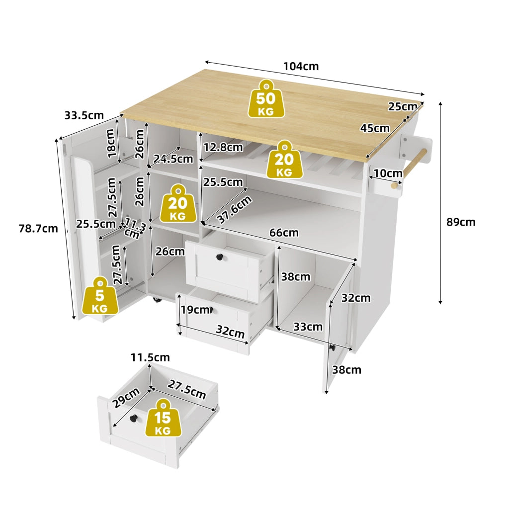 Isola da cucina con piano ribaltabile 104x45(69)x89 cm in MDF naturale e bianco