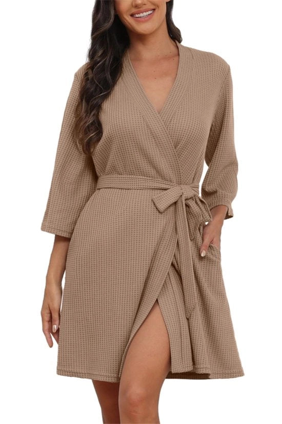 Kimono Casual Driekwart Mouw Badjas Reis Sauna Loungewear (Khaki, L)
