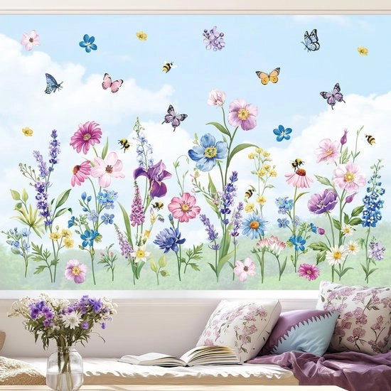 Decal per finestra Sticker di primavera Immagini per finestre di primavera Sticker di primavera Fiori di iris Farfalle Foliante antibatterico per vetro Decorazione per finestre Stickers
