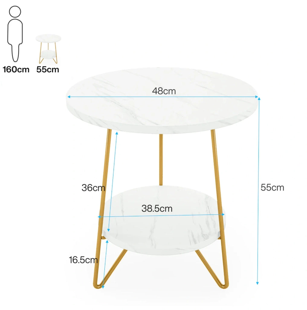 Tavolino rotondo a 2 ripiani bianco e oro 47x55 cm