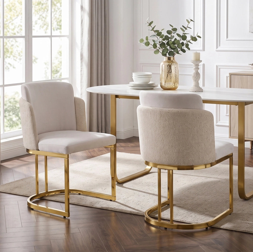 Set di 2 sedie in ciniglia beige con schienale doppio e gambe dorate