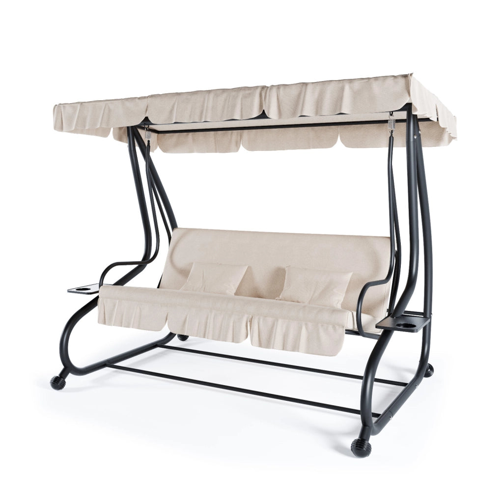 Dondolo Da Giardino 3 Posti Trasformabile In Letto Con Schienale Reclinabile Tetto Parasole Orientabile Cuscinatura Comfort Per Terrazza Balcone Patio E Outdoor Relax 200 x 120 x 160 Cm Beige