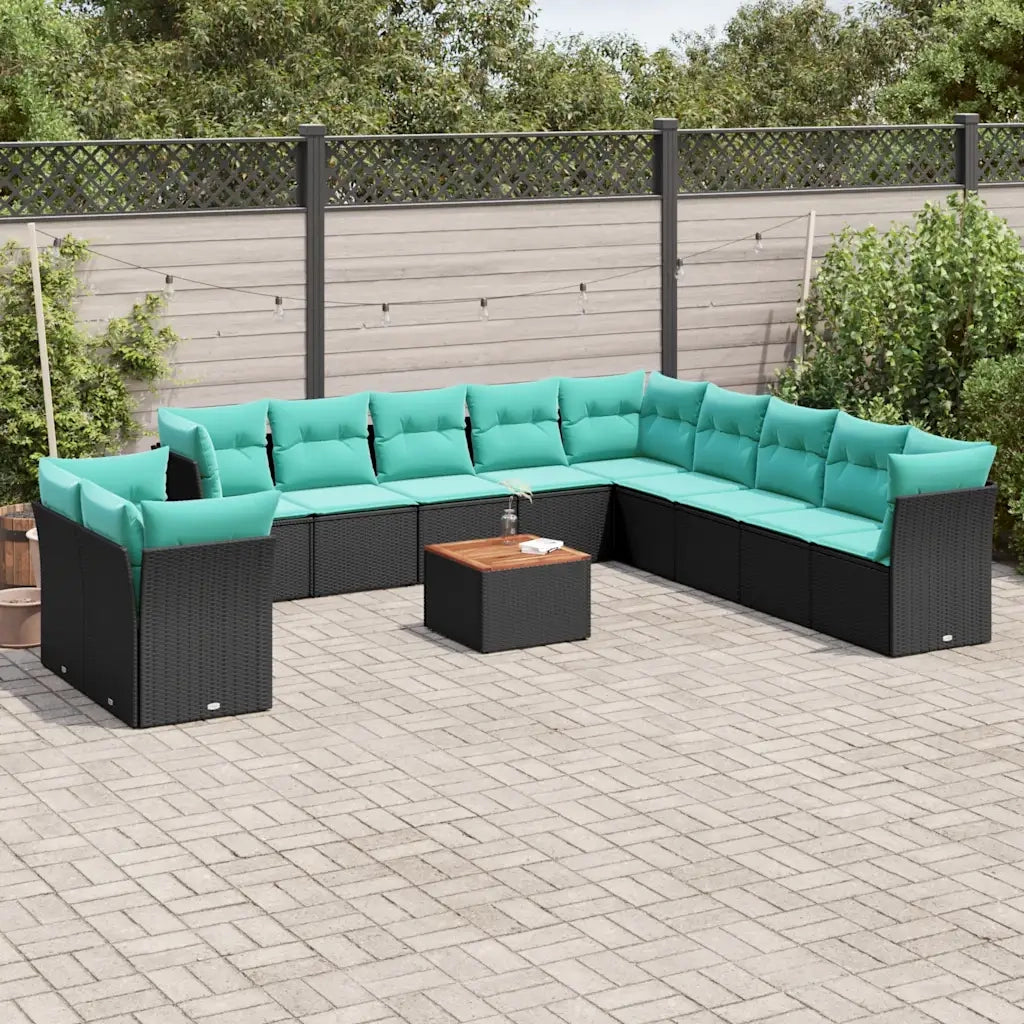 Set Divani da Giardino 12pz con Cuscini Nero in Polyrattan