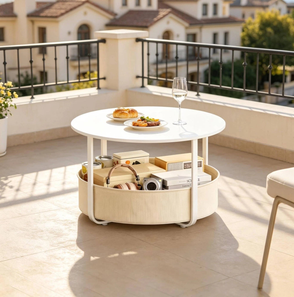 Tavolino rotondo con cestino in canvas Ø 80 cm beige e bianco