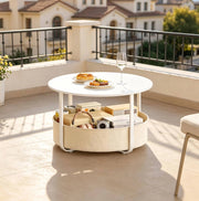 Tavolino rotondo con cestino in canvas Ø 80 cm beige e bianco