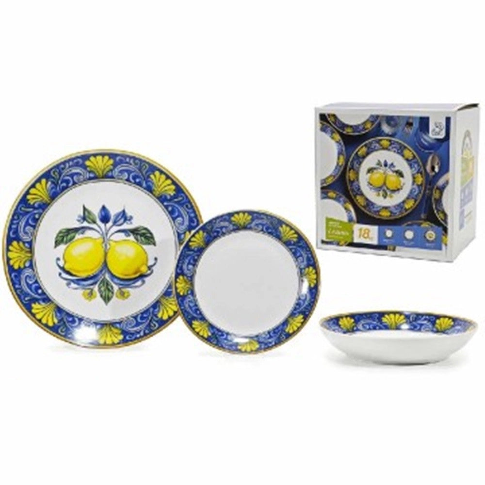 Trade Shop - Set Servizio Di Piatti In Porcellana 18 Pz Decorazione A Limoni Con Maiolica Da Tavola -