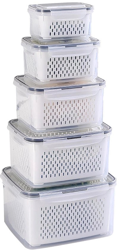 Organizzatore del frigorifero Kongming, set di contenitori alimentari con coperchi, contenitori alimentari, organizzatore del frigorifero con coperchio e setaccio (6,2L + 4,15L + 3,15L + 1,7L + 0,8L)