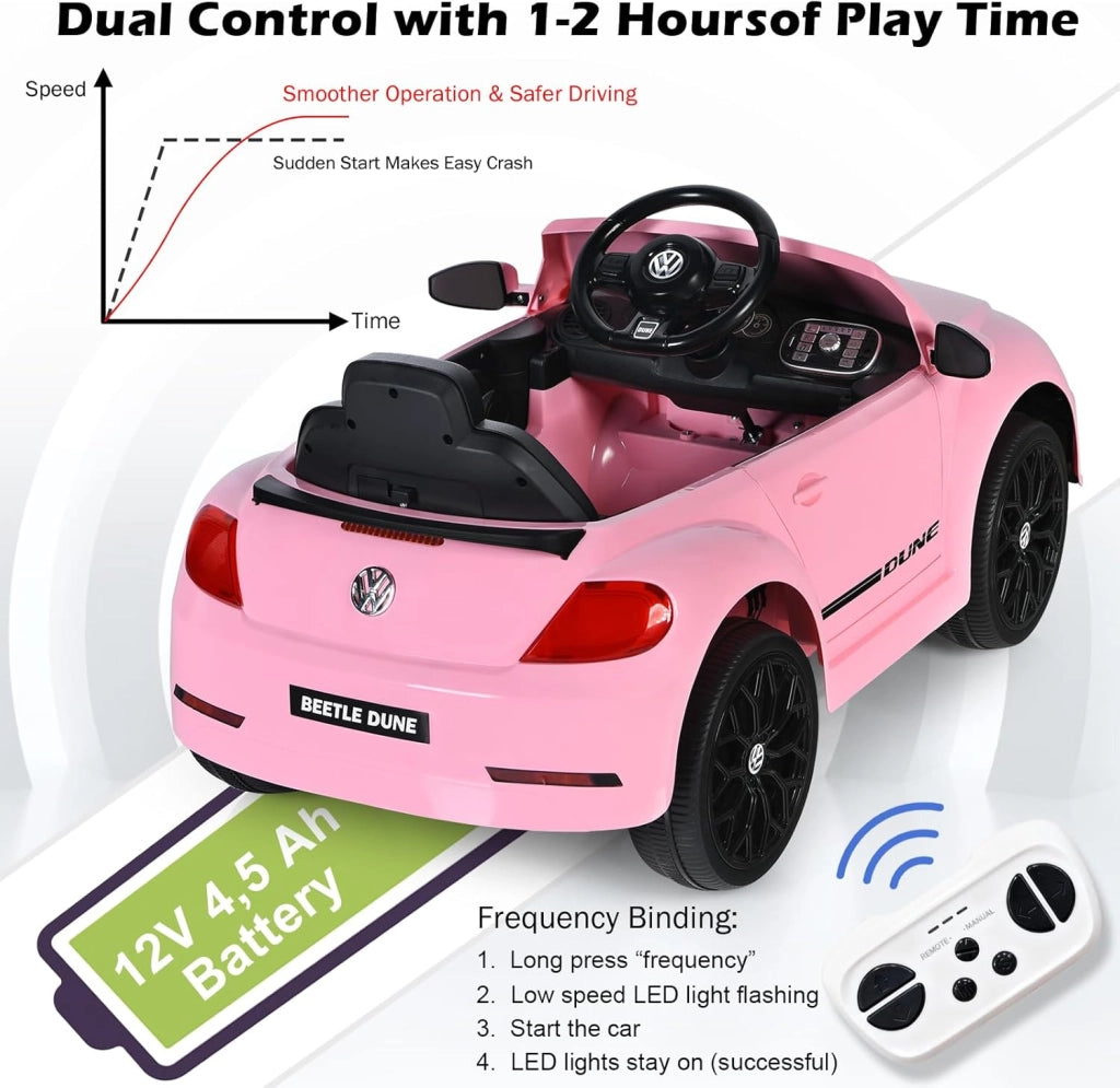 Macchina Elettrica per Bambini Volkswagen Beetle Maggiolino 12V con Telecomando, Auto Elettrico a Pedale, Veicoli con Musica, Fari LED e Clacson, 3-5km/h, Carico 30 kg, 3-8 Anni (Rosa)