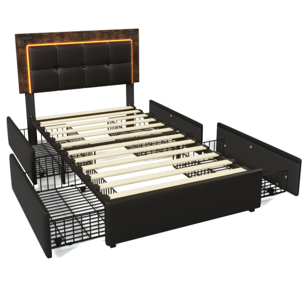 Letto singolo imbottito 90x200 cm in PU nero con LED; testiera regolabile e 4 cassetti