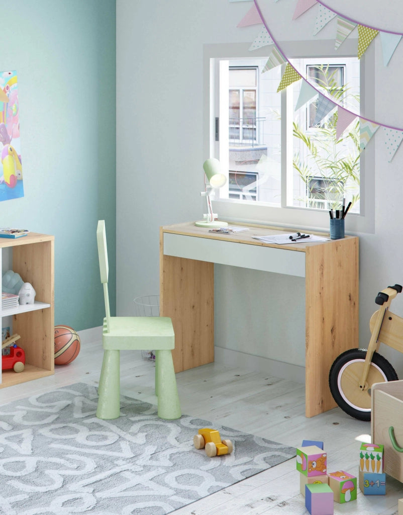 Scrivania Akaba, Scrittoio lineare con cassetto, Tavolo da studio o ufficio porta PC, cm 82x40h77, Rovere nodi e Bianco