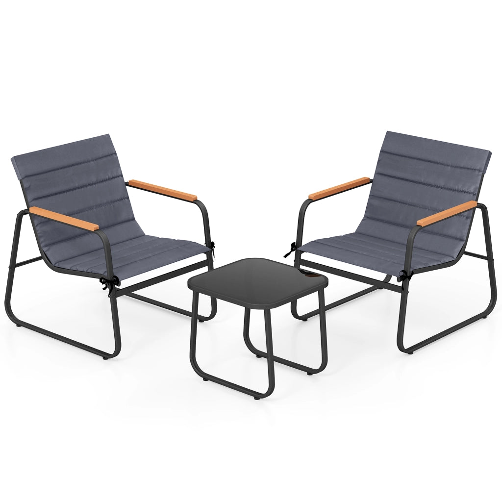 Set bistrò 3 pezzi patio esterno vetro temperato cuscino rimovibile metallo robusto-Set da conversazione mobili per terrazza giardino cortile