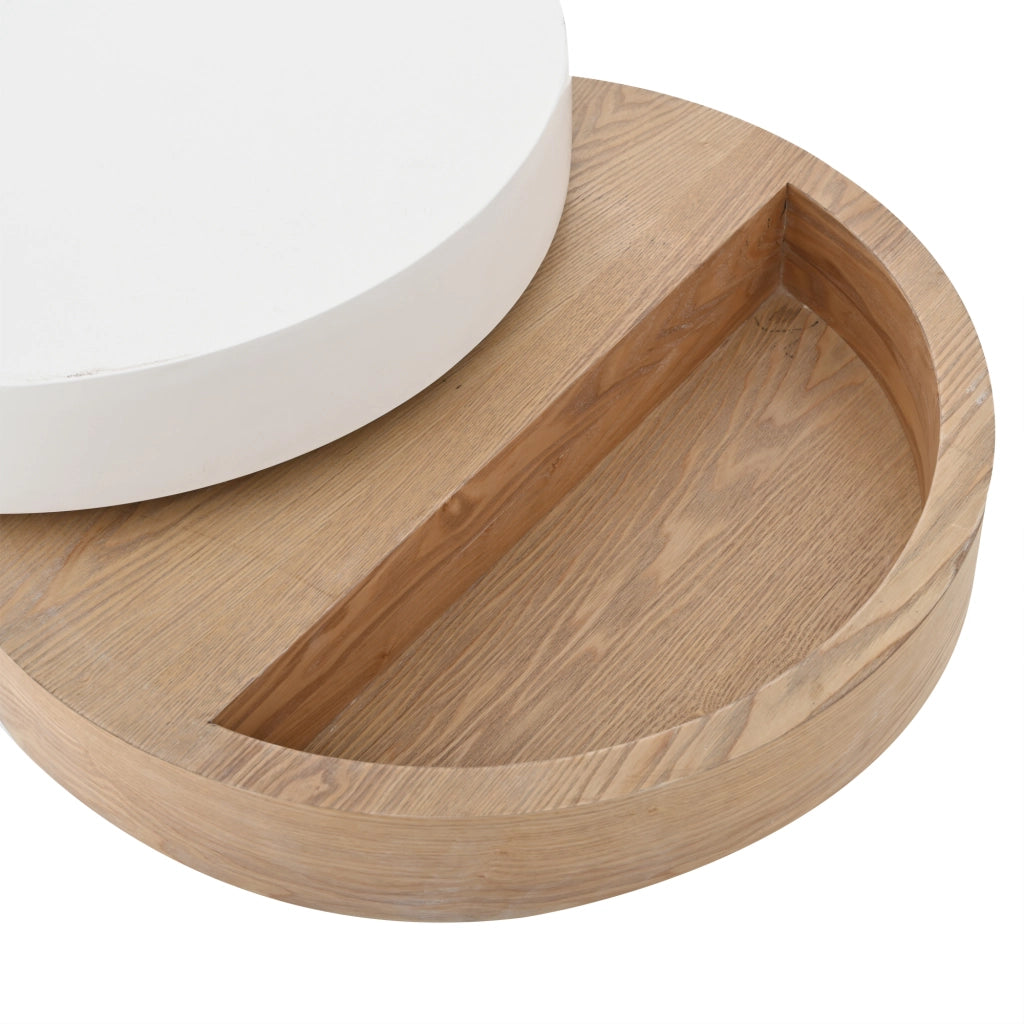 Tavolino basso girevole con 3 piani e vano contenitore nascosto per soggiorno in MDF bianco e legno naturale 60 × 60 × 35,1 cm