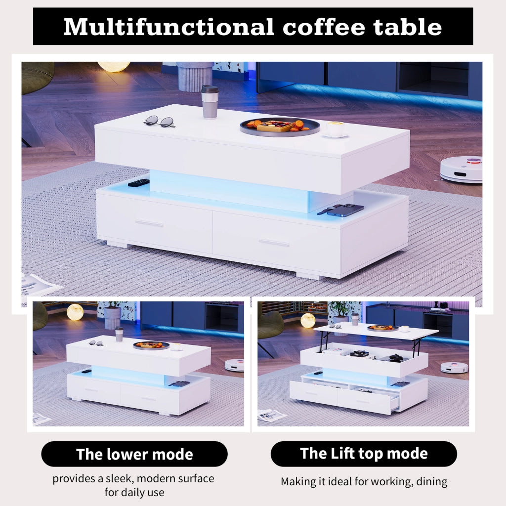 Tavolino da caffè con 2 cassetti; vano aperto e LED - per soggiorno - 100×50×44 cm