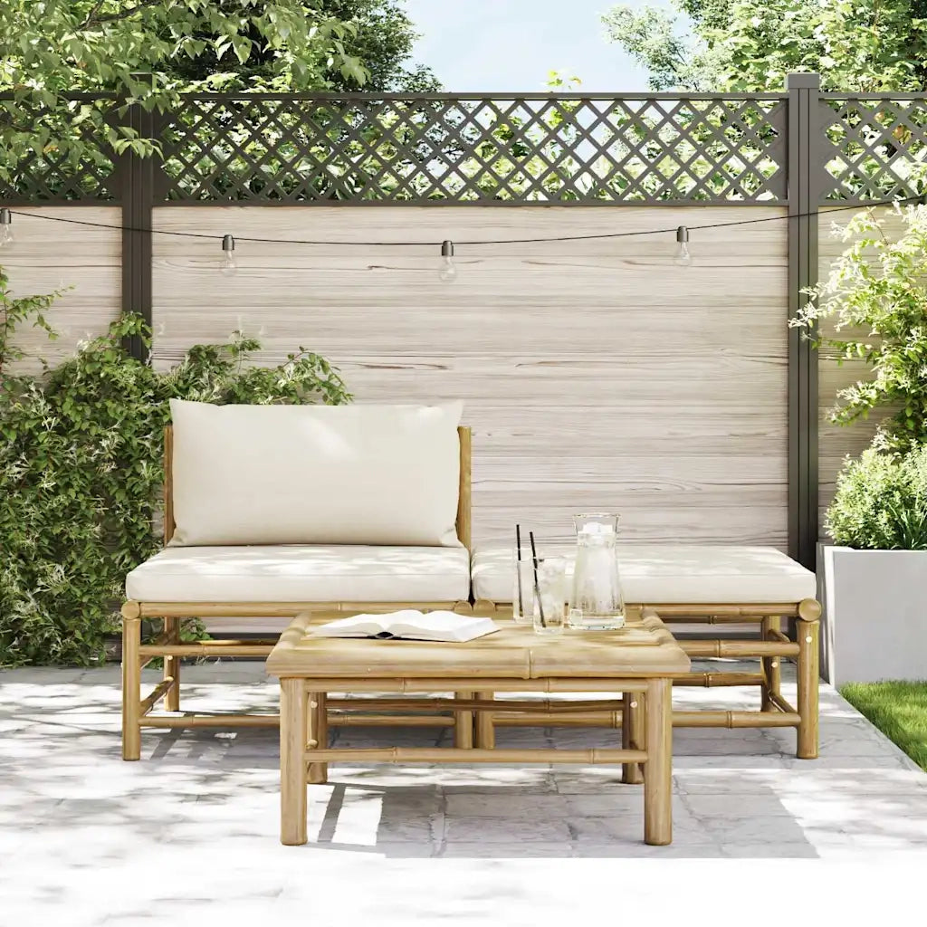Salotto da Giardino-Set Divani da Giardino 3 pz con Cuscini Bianco Crema in Bamb¨´