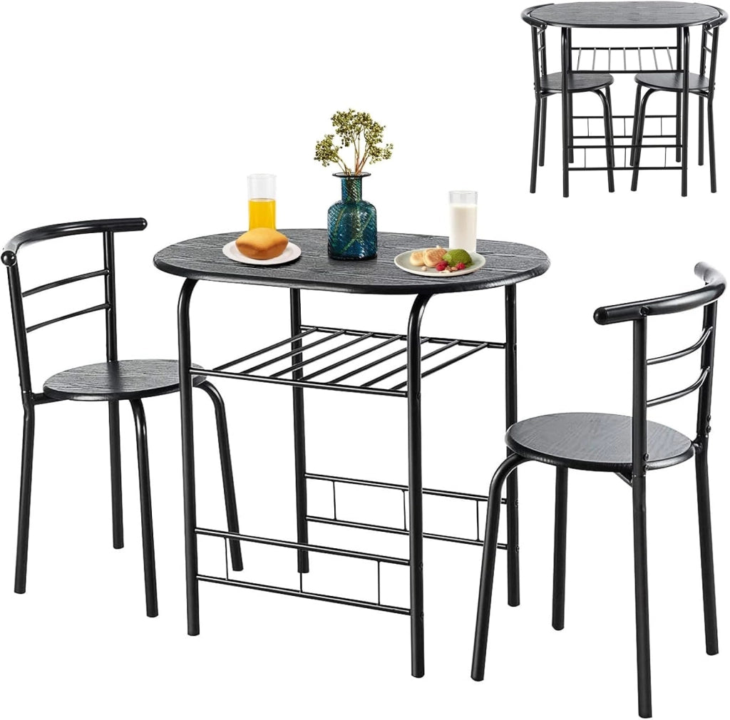 Set di 3 Pezzi da Giardino, Set Tavolo e Sedie, Tavolo con 2 Sedie, Set Mobili da Esterno, Ideale per Cucina, Balcone, Caffetteria, Giardino e Terrazza, Moderno (Nero)