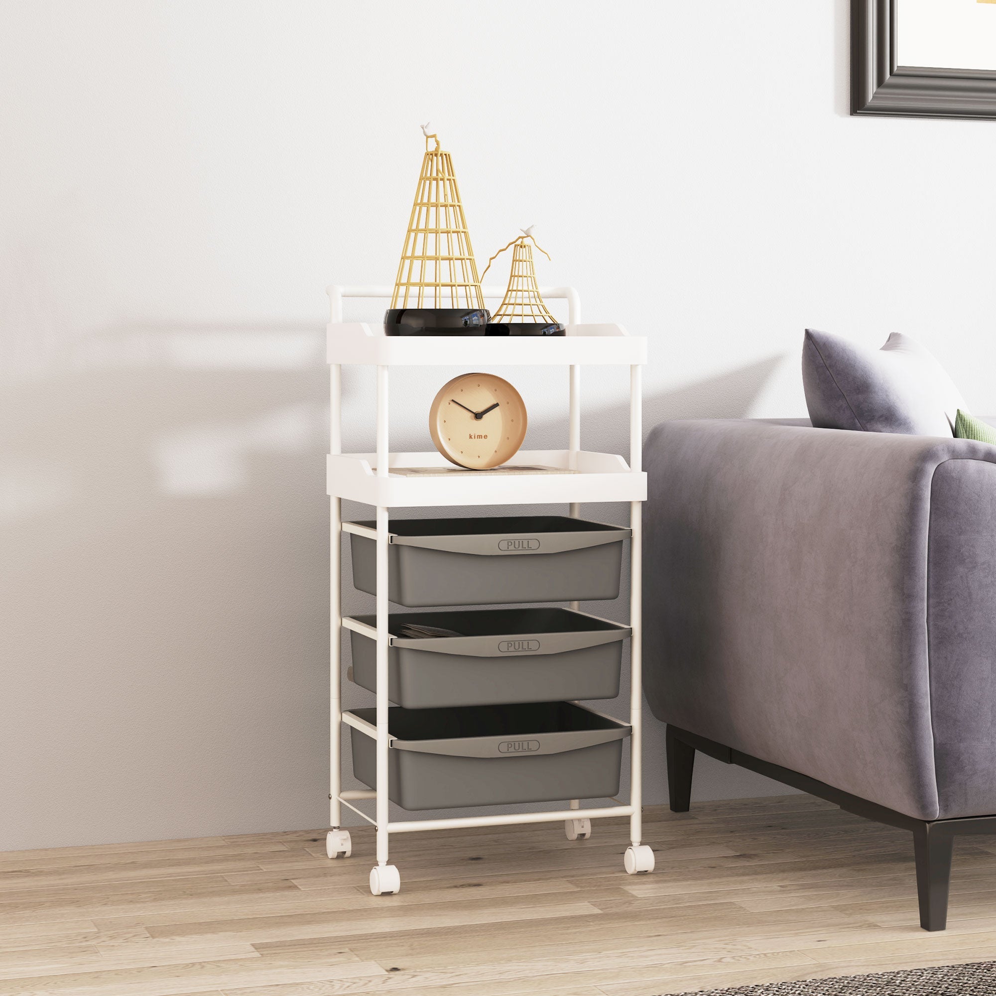 Carrello Portaoggetti Multiuso 40x34x85 cm con 2 Ripiani e 3 Vassoi Scorrevoli in Acciaio e PP Bianco e Grigio