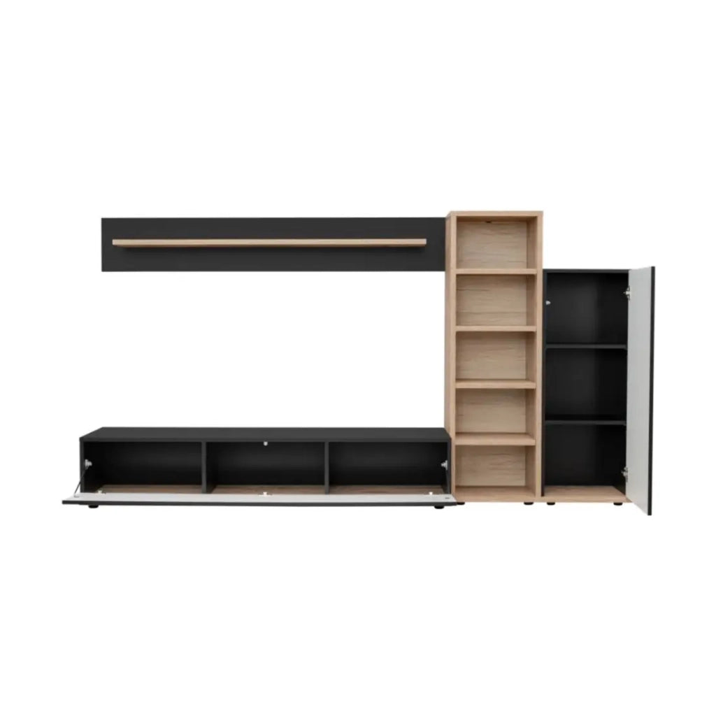 Composizione murale RHYS – Mobile TV, colonne e scaffali – Rovere Ribbeck e nero opaco