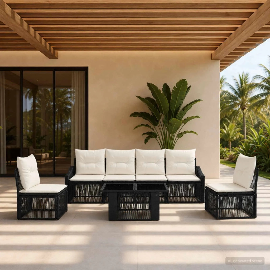 Set Divano da Giardino 7 pz Nero e Bianco Crema polyrattan 3437230
