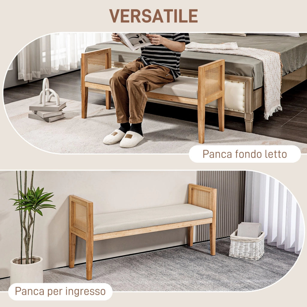 Panca Fondoletto Stile Boho 120x38x61,5 cm Seduta Effetto Lino Braccioli in Rattan Crema