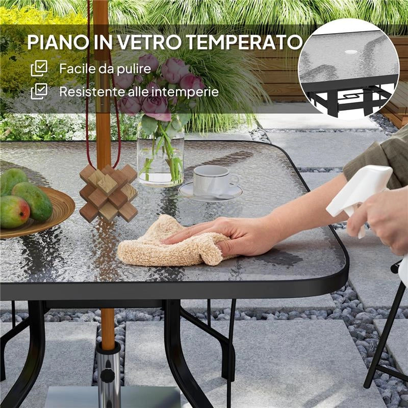 TAVOLO DA GIARDINO QUADRATO A 4 POSTI CON PIANO IN VETRO E FORO PER OMBRELLONE Ø 54 MM NERO