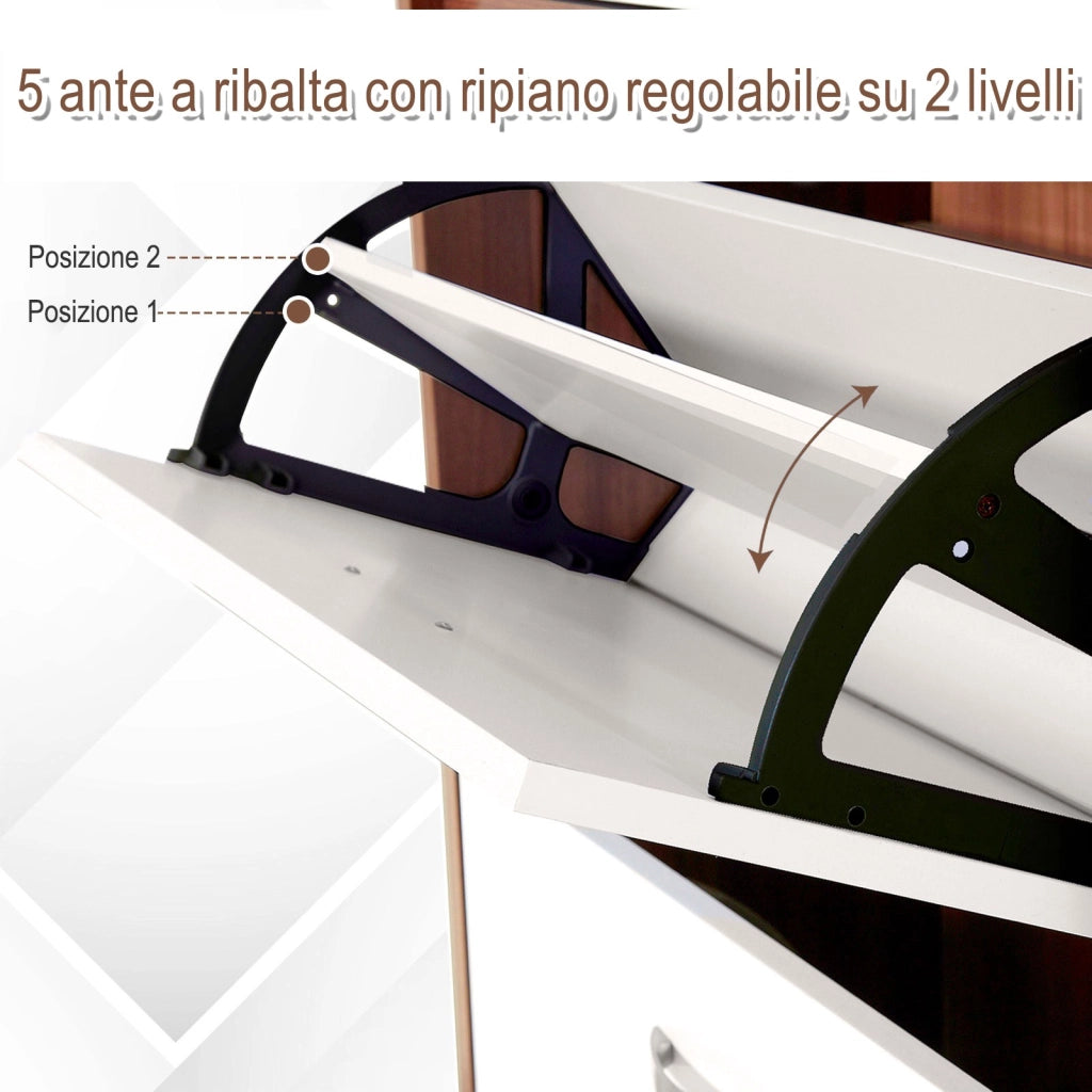 Easycomfort Scarpiera Slim a 5 Livelli con 2 Ripiani per Livello, in MDF, 60x28x189 cm, Bianco e Marrone
