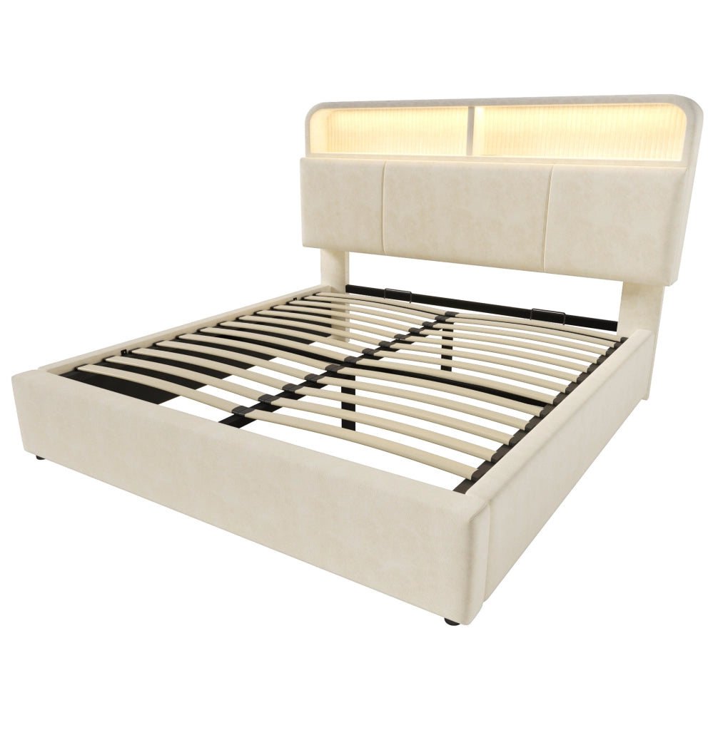 Letto matrimoniale 160x200 cm con contenitore idraulico; LED; USB/Type-C; velluto beige