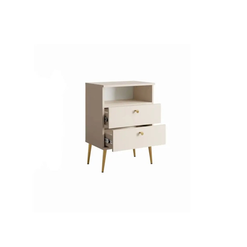 Comodino con 2 Cassetti e Vanetto - beige con piedi in metallo dorato - Collezione Aurora