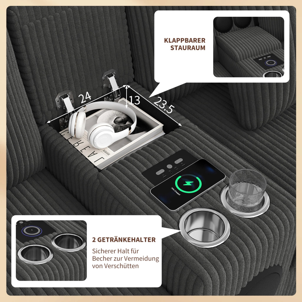 Divano modulare a U in velluto a coste con altoparlante Bluetooth e consolle con vano ricarica USB e Type-C grigio