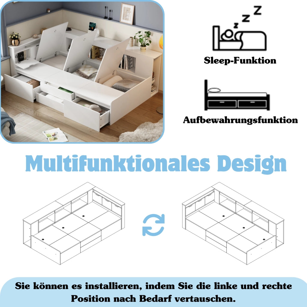 LETTO per bambini 90x200 cm in MDF bianco con cassetti e spazi contenitore