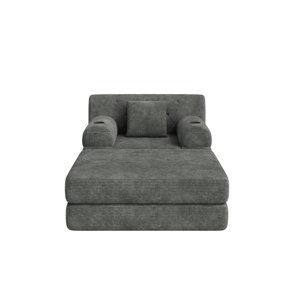 Divano letto in velluto a coste con schienale alto, tasche laterali e portabicchieri, grigio scuro 107 × 162 × 81 cm