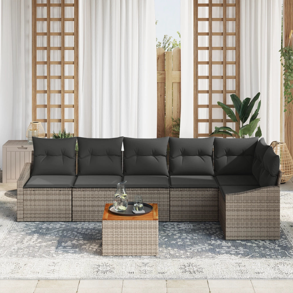 Set di Divano Giardino da 7 Pezzi con Cuscini Grigio Polyrattan Acacia