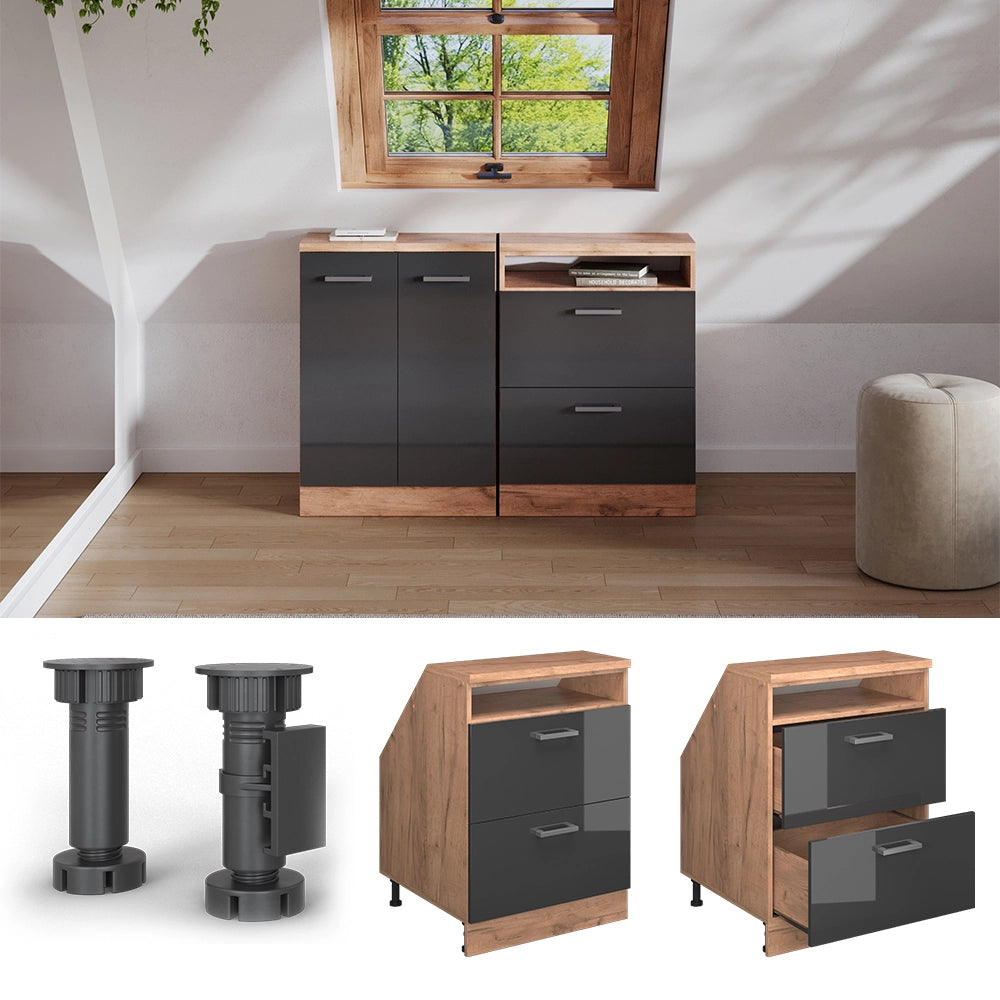 Mobile sottotetto Rion Antracite lucido/Rovere dorato 60 x 83.8 cm con 2 cassetti, carcassa 60 cm profondità Vicco