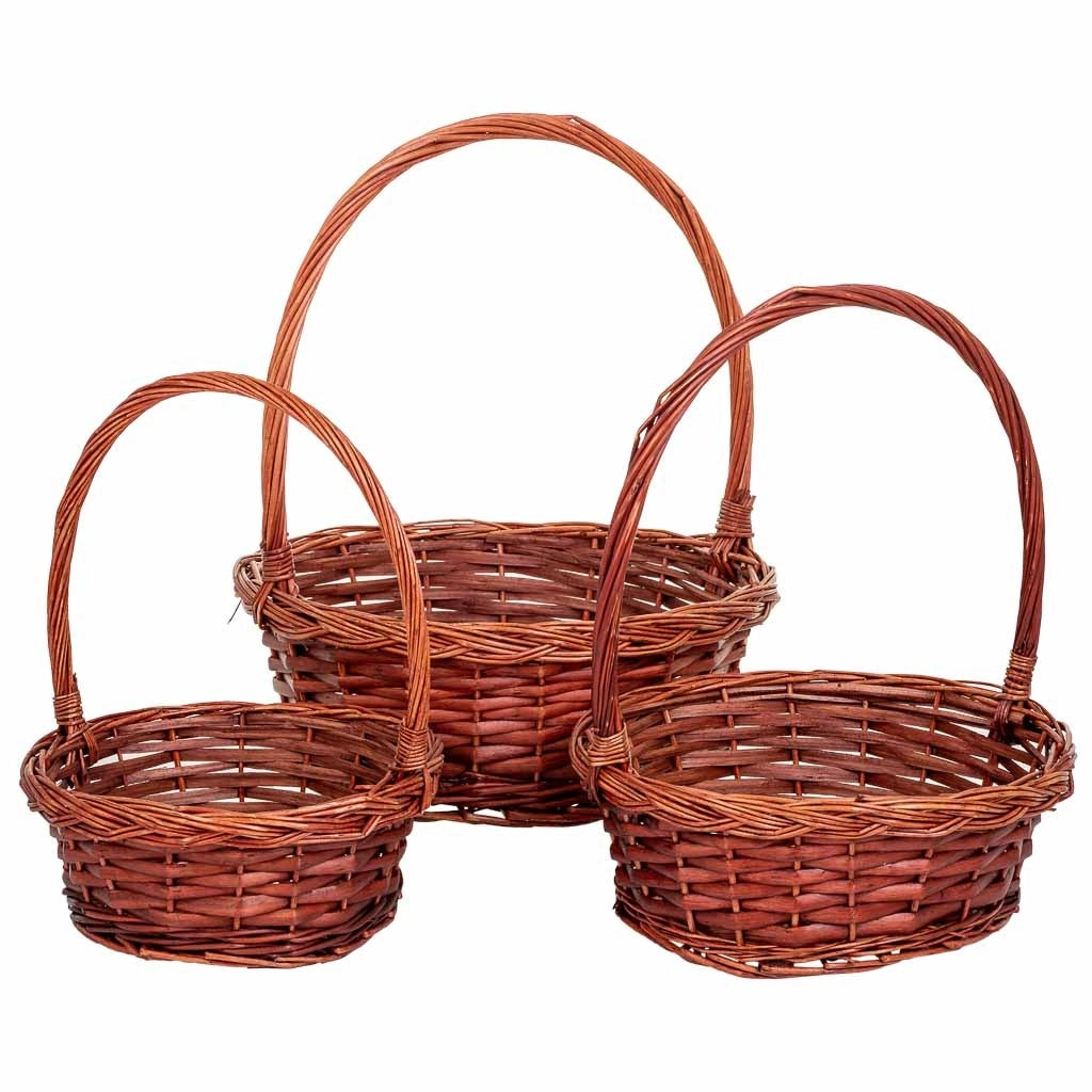 Set di 3 cestini in vimini con manici marroni