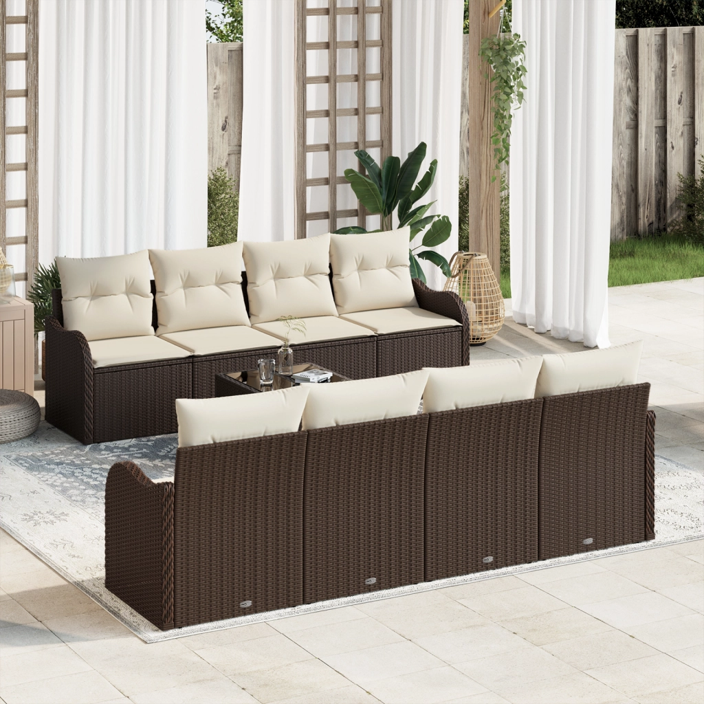 Set Divano da Giardino 9 Pezzi con Cuscini Marrone Polyrattan
