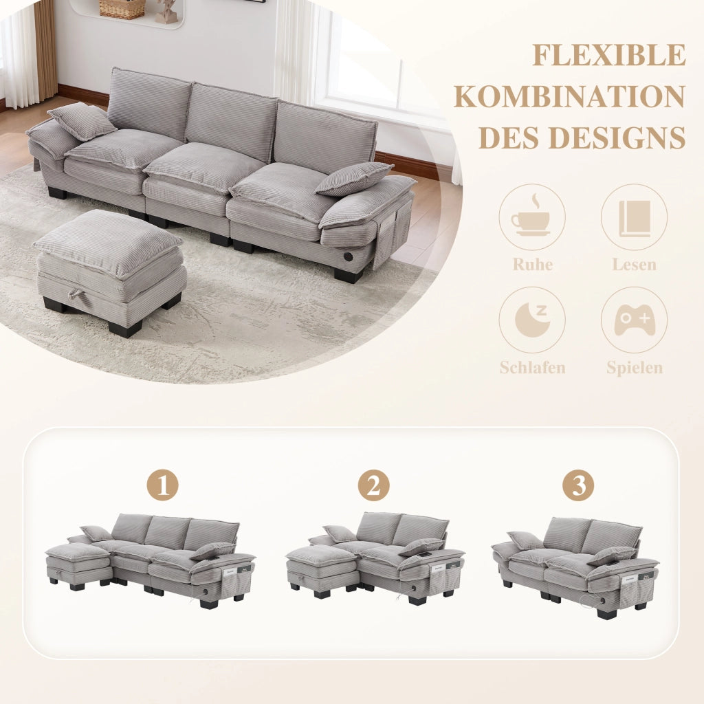 DIVANO Modulare 3 posti 260x132x84 cm in corduroy Grigio Chiaro con pouf