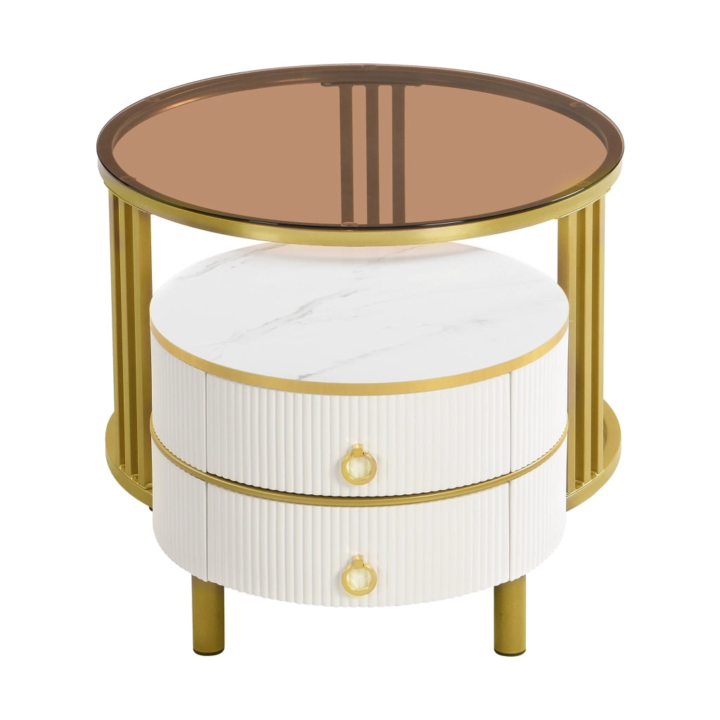 Tavolino da caffè set di 2; 70x70x45 cm e 50x50x40 cm; design rotondo con 2 cassetti; vetro e MDF bianco