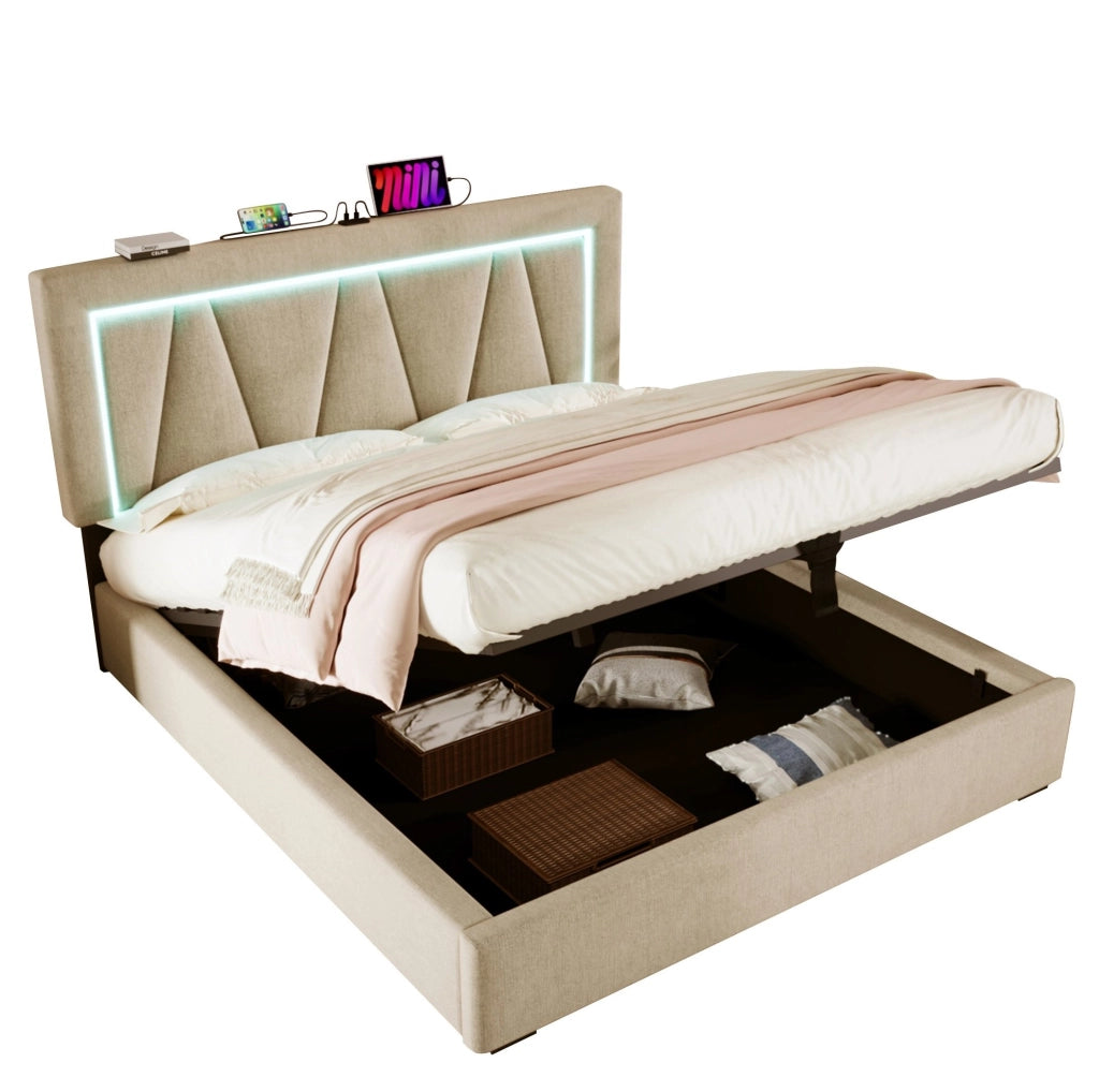 Letto matrimoniale 140x200 cm beige in lino con LED, USB Type-C e contenitore