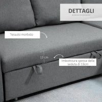 Divano Letto 3 Posti e Penisola con Contenitore, Rivestimento Tessuto Effetto Lino, 211.5x146x85cm