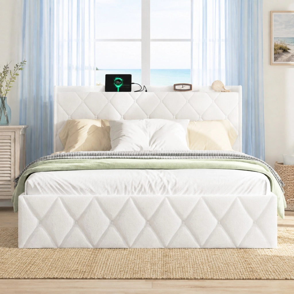Letto matrimoniale 160x200 cm in teddy bianco con LED e USB